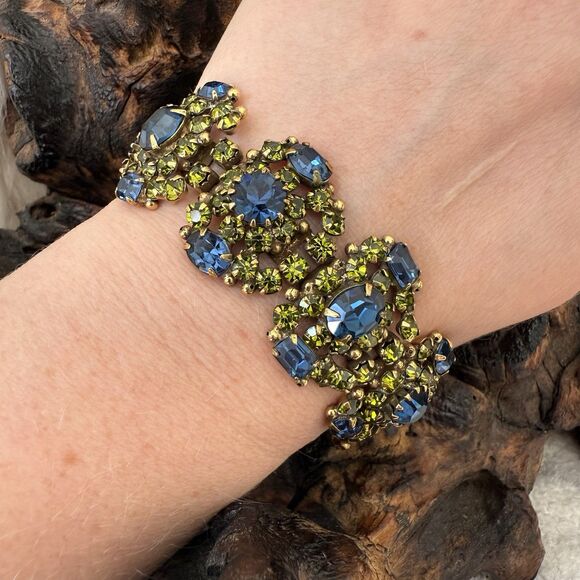 Vintage Kramer of NY Wide Runway Bracelet Green Blue Rhinestone Cluster Gorgeous - Picture 2 of 13
